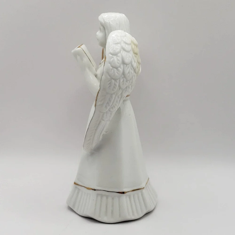 Angel Holding A Book or Hymnal Statue Figurine White Porcelain with Gold Trim